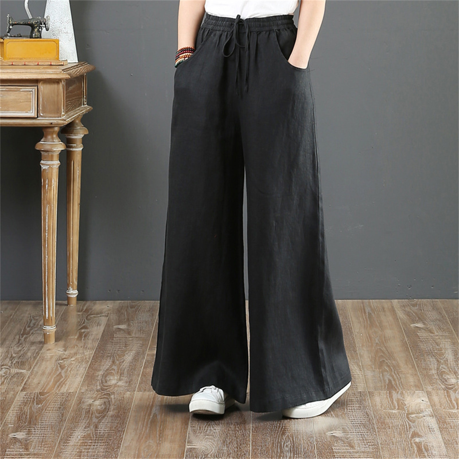 thumbnail image 2 of Pantalones palazzo de algodón y lino de cintura alta para mujer, con bolsillos, pantalones informales para estar por casa., 2 of 4